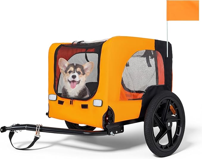 Heavy-Duty Dog Bike Trailer & Collapsible Pet Carrier for Bike with 16-Inch All-Terrain Wheels, Universal Hitch, Safety Flag & Weather-Resistant Design for Outdoor Adventures