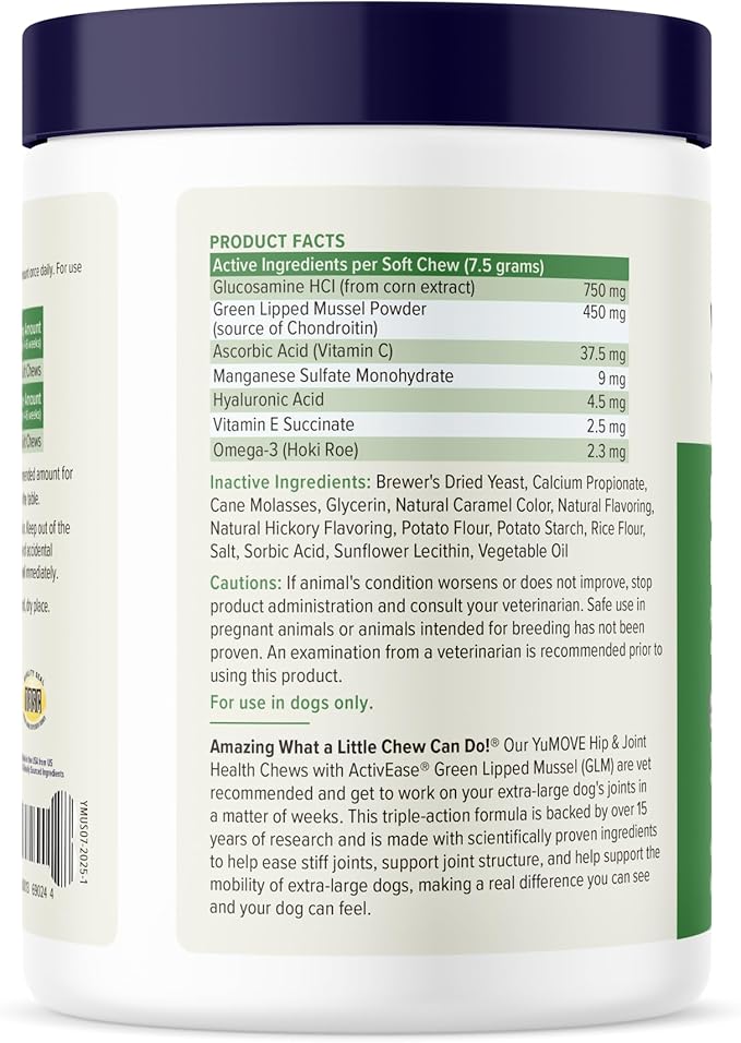 YuMOVE Hip & Joint Supplement for Dogs - Clinically Proven Glucosamine, Green Lipped Mussel , Hyaluronic Acid & Omega 3 Supports Mobility, Flexibility & Joint Comfort - 60 Chews (Large/XL Dogs)