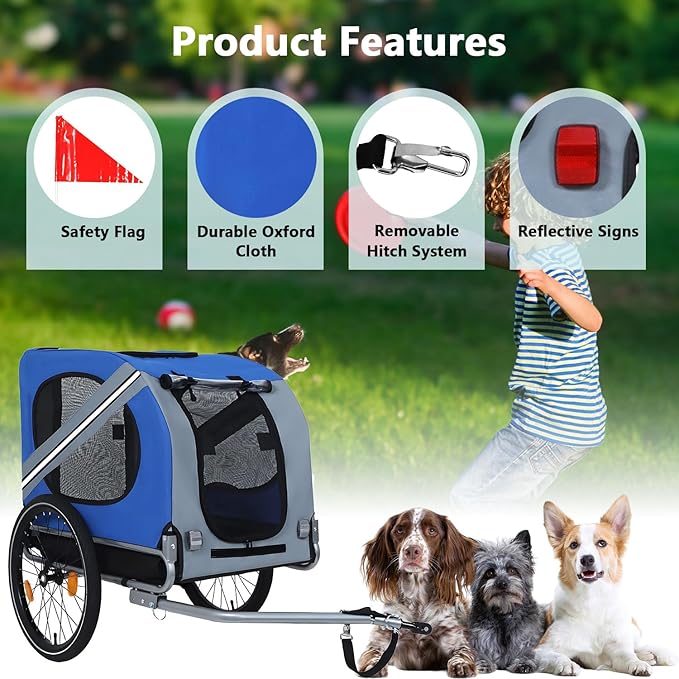 Large Dog Trailer for Bike, Folding Bike Trailer for Dogs with 18.9" Wheels, 120LB Capacity All-Terrain Pet Carrier, Universal Bicycle Coupler