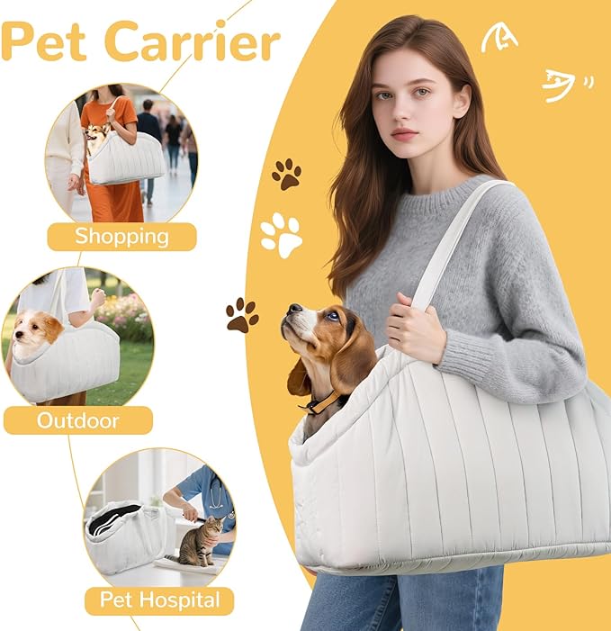 Dog Purse Carrier for Small Dogs Up to 15 Lbs - Dog Carrier Purse with Secure Harness Clip, Dog Tote Bag for Small Dogs and Puppies - White