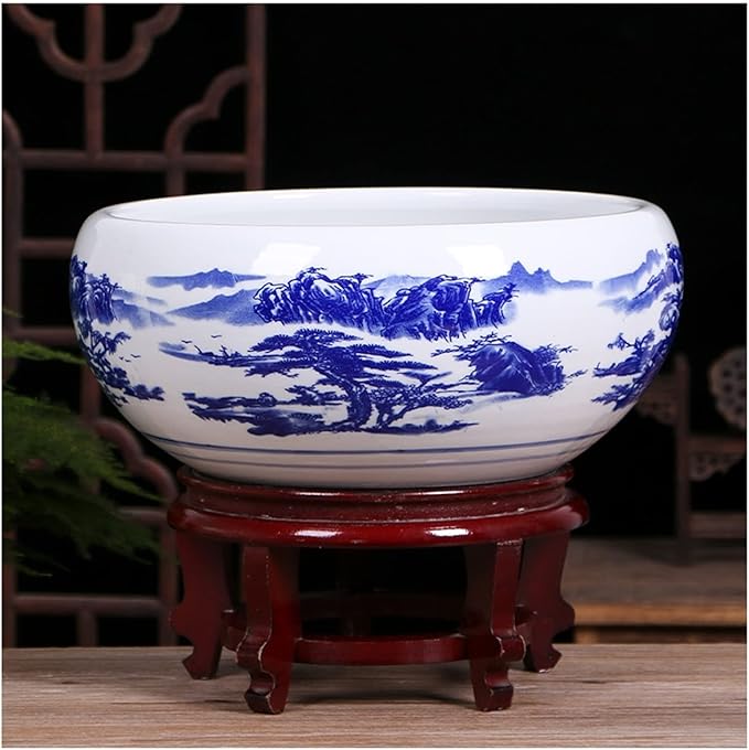 Aquarium Aquarium Fish Tank Blue and White Ceramic Goldfish Bowl Home Living Room Office Desktop Fish Culture Bowl Aquarium Starter Kits Fish Tank Decorations (Color : A, Size : 32CM)