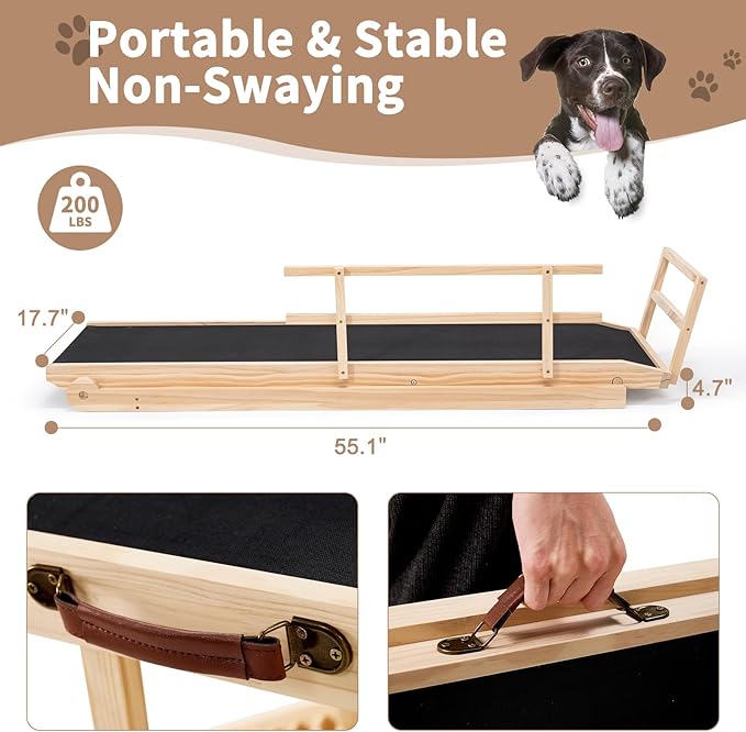 SLSY Dog Ramp for Beds & Couches, Upgraded Folding Adjustable Ramp with Non-Slip Rubber Mat, 55" Long, 5 Heights (15.7"–27.5"), Portable Wooden Step Supports Up to 220 lbs for Dogs & Cats (Natural)