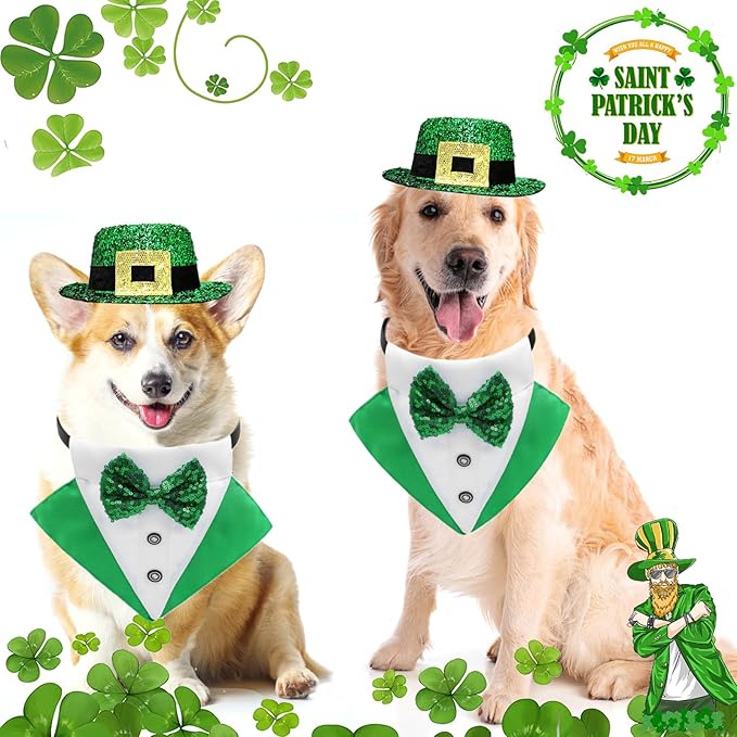 2 PCS St. Patrick's Day Costume Dog Bandana Collar and Pet Top Hat Buckle Green Dog Bow Tie Formal Tux Clothes with D-Ring Irish Tuxedo Saint Patrick Outfits for Dogs Puppy Cat Party Dress (Large)