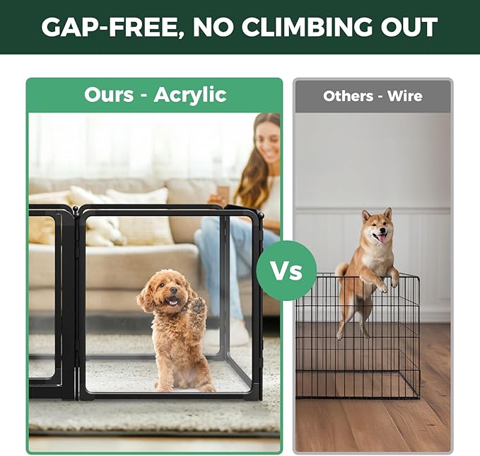 FXW AuraSpace Pro Metal & Acrylic Indoor Dog Playpen, All-Acrylic Clear Heavy-Duty Design, 24" Height 6 Panels for Puppies & Small Dogs, Black│Patented