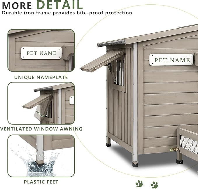Dog House Outdoor Wooden Dog Kennel Outdoor Weatherproof Chew-Proof Iron Frame, Removable Floor and Adjustable Window for Large Dogs(Gray, 34.6" L x 25.6" W x28.2 H)