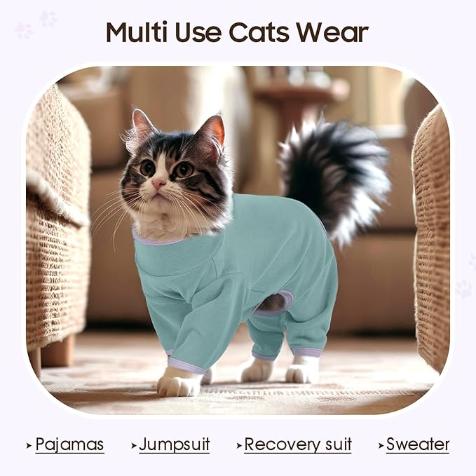 DENTRUN Cat Clothes for Hair Control with Hair Sticky Fabric - Soft Recovery Suit & Breathable Lint-Resistant Cat Sweater for Cats Only, Kitten Onesie Pajamas, L, Bean Green