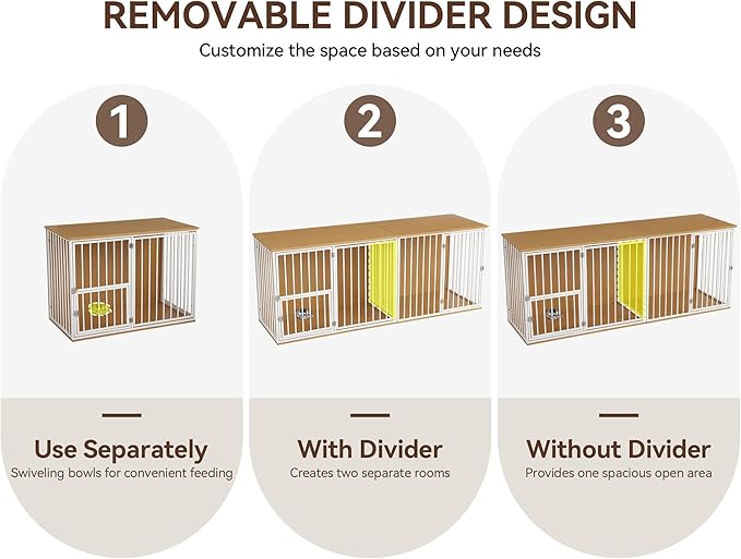 80.7" Double Dog Crate Furniture, Large Breed Dog Crate TV Stand with Swivel Bowls, Heavy Duty Wooden Double Dog Kennel with Removable Divider for 2 Medium Dogs (White)