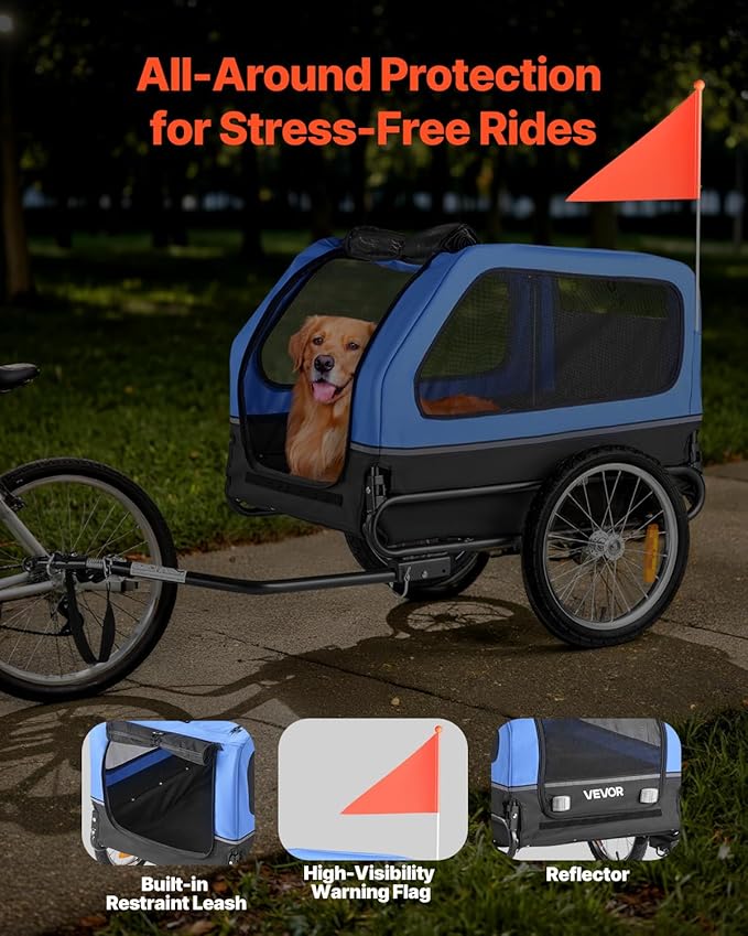 VEVOR Dog Bike Trailer, Supports up to 88 lbs, Pet Cart Bicycle Carrier, Easy Folding Frame with Quick Release Wheels, Universal Bicycle Coupler, Reflectors, Flag, Collapsible to Store
