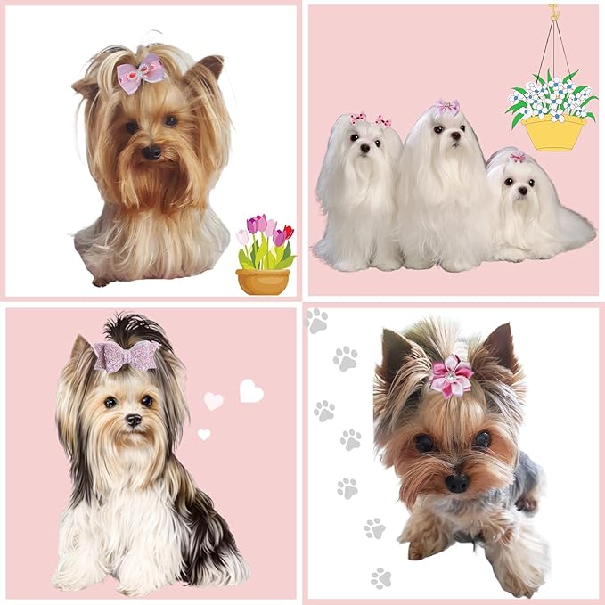 20pcs Light Pink Small Puppy Dog Hair Bows with Rubber Bands, Flower Ball Bowknot Rhinestone Pearls Hair Ties Mix Style for Dog Hair Accessories