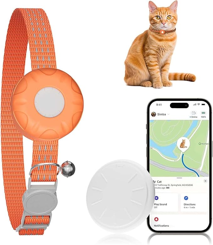 Cat Tracker, MINI Pet Tracker for Cats, No Monthly Fee GPS Tracker for Cat, Compatible with Apple Find My App(Only iOS), Real-Time Tracking, Waterproof Cat GPS Tracker, Orange
