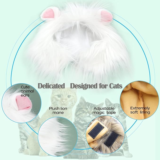Lion Mane Wig for Cat, Funny Pet Cat & Puppy Costumes for Halloween & Christmas, Funny Pet Clothing Accessories (Medium, White & Pink)