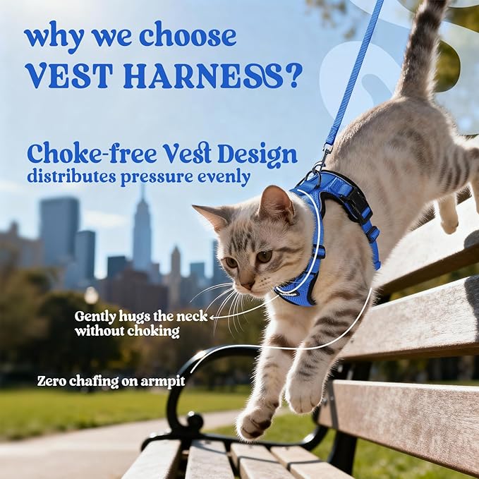 rabbitgoo Cat Harness and Leash for Walking, Escape Proof Soft Adjustable Vest Harnesses for Cats, Easy Control Breathable Reflective Strips Jacket, Navy Blue, M