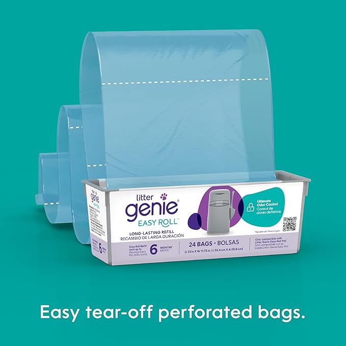 Litter Genie Easy Roll Refill Bags | Up to 6 months of supply in 1 Roll - 24 tear-off Bags | Ultimate Odor Control Cat Litter Bag (Pack of 2)