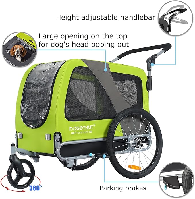 DOGGYHUT® Premium Large/XL Pet Bike Trailer & Stroller for Large Sized Dog or Multiple Small Dogs,Low Center of Gravity,Parking Brakes,Easy Folding Frame,Bicycle Carrier