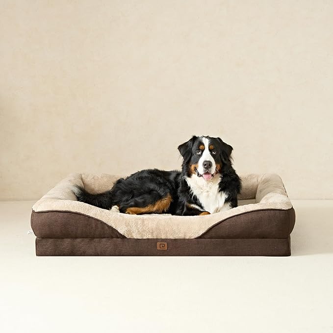 EHEYCIGA Orthopedic Dog Bed for Medium Dog, 30x20x6.5 Inch Memory Foam Dog Couch Bed with Sides, Waterproof Liner & Washable Removable Cover, Bolster Pet Sofa, Brown