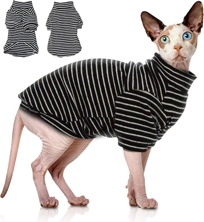 Sphynx Cat Sweater Hairless Cat Clothes Sweater Shirt Soft Warm Long Sleeves Pullover Pet Clothes Pajamas Dog Cloth for Small Dogs Jumpsuit Pet Sweaters (B&W Striped, X-Large)