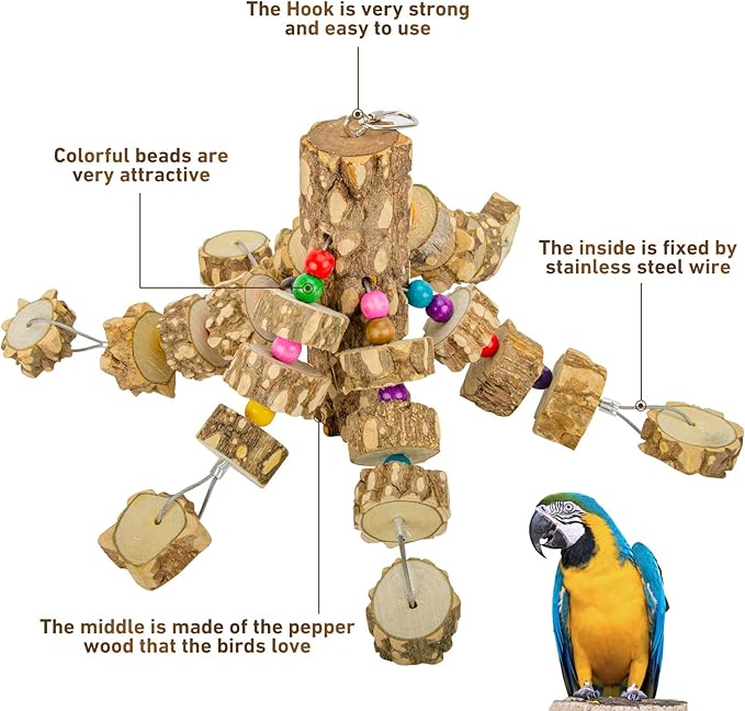 MYFAMIREA Parrot Chewing Toys Bird Toys Natural Wood Bird Toys Parakeet Cage Hammock Hanging Toy for Parrots, Cockatoos, African Grey, Cockatiels Small and Medium Birds