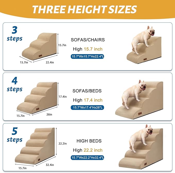 5-Step Dog Stairs and Ramp for High Bed, Non-Slip Sturdy Pet Steps for Small Dogs and Cats,22.2" H,Khaki