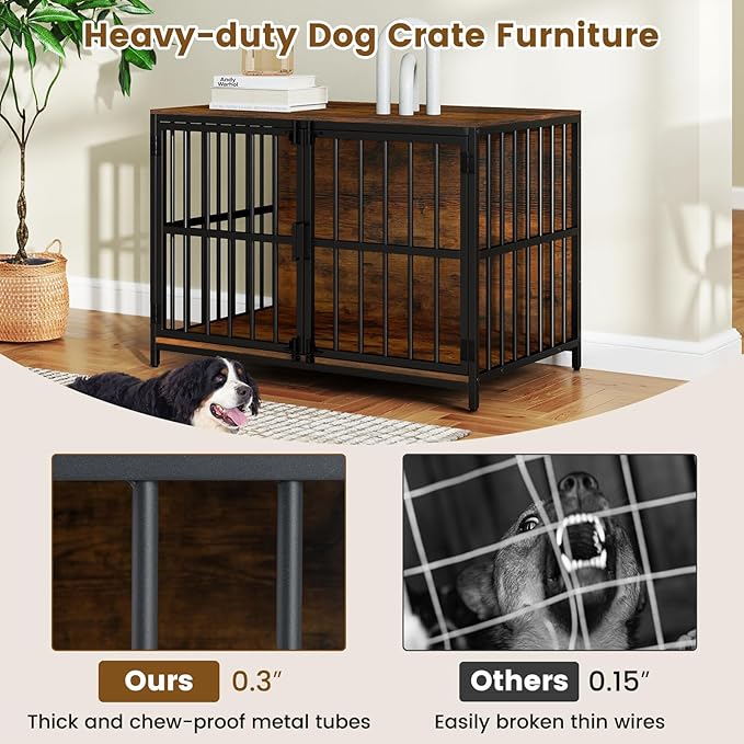 PETSITE 40 Inch Industrial Dog Crate Furniture, Heavy Duty Wooden Dog Kennel with Double Lockable Doors, Decorative Dog Cage End Side Table for Small and Medium Sized Dogs (Rustic Brown)
