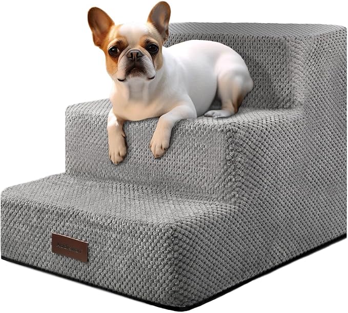 Dog Stairs for Small Dogs, 3-Step Non-Slip Pet Stairs for Couch Sofa and Chair, Dog Bed Stairs for Puppy, Older Cat,Grey,13.6" H
