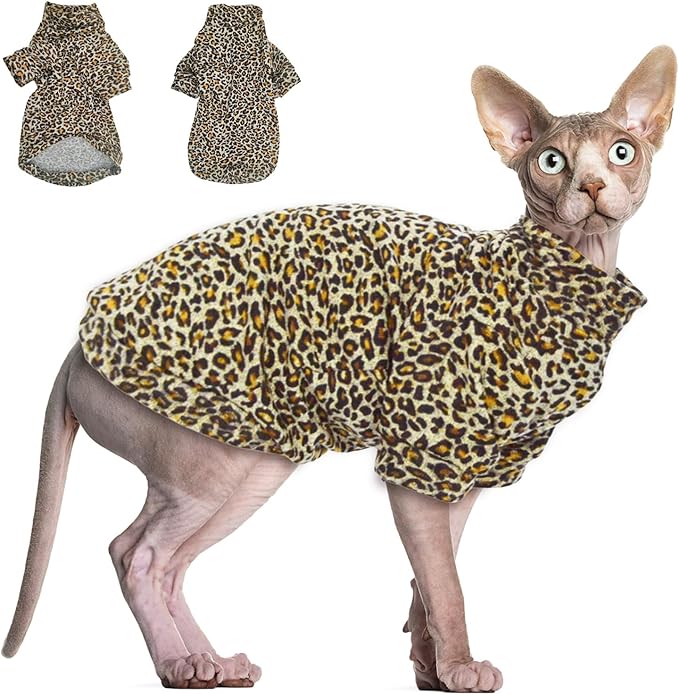 Sphynx Cat Sweater Leopard Hairless Cat Clothes Sweater Shirt Soft Warm Long Sleeves Pullover Pet Clothes Pajamas Dog Cloth for Small Dogs Jumpsuit Pet Sweaters (Leopard, XX-Large)
