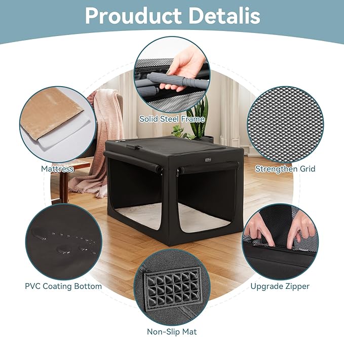 PETSFIT Portable Dog Crate for Medium Dogs, – 30" Soft Dog Travel Crates with Lockable Zippers & Thicken Mat, Adjustable Patented Spiral Steel Frame, Collapsible Kennel for Indoor & Outdoor