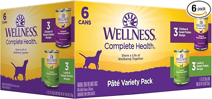 Wellness Complete Health Pate Variety Pack Adult Canned Wet Dog Food, Wholesome Grains, Natural, 12.5 oz, Pack of 6 Cans