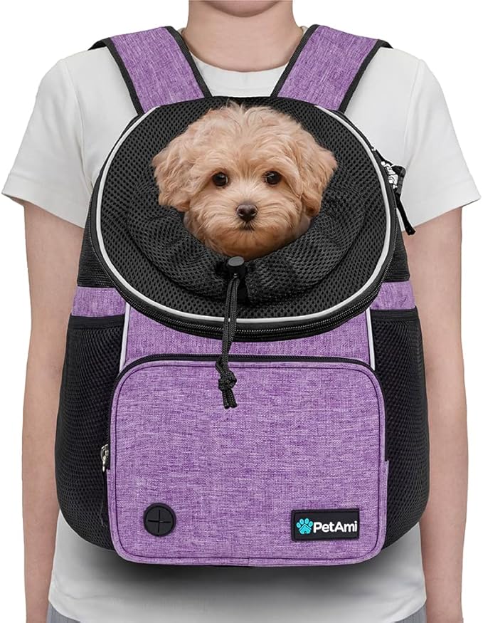 PetAmi Adjustable Cat & Dog Chest Carrier Backpack, Ventilated for Hiking & Camping, Max 10 lbs, Purple