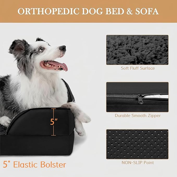 Comfort Expression Orthopedic Dog Bed for Extra Large Dogs 45x35 Inch, Waterproof Supportive Egg Crate Foam XL Pet Bed with Removable Bolsters, Dog Couch with Washable Cover & Non-Slip Bottom, Black