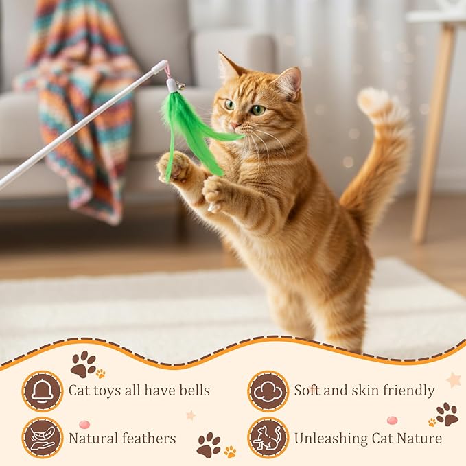 60 Pcs Cat Wand Feather Toys Refill Colorful Cat Wand Replacement Feathers Toy for Interactive Kitten Fishing Pole Feather Attachments with Bells for Stray Cats to Exercise