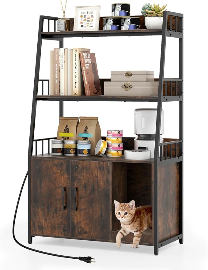 PETSITE Cat Litter Box Enclosure with Storage Shelves, 52 Inches Tall Hidden Litter Box with Charging Station, Scratching Board, and Winding Entry (Rustic Brown)