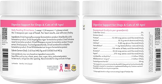 Wholistic Pet Organics Probiotics for Dogs with Digestive Enzymes & Prebiotic Fiber - 2 Oz - Daily Cat & Dog Probiotics for Digestive Health, Anti Diarrhea & Gut Support - Cat Probiotic - 57 Scoops