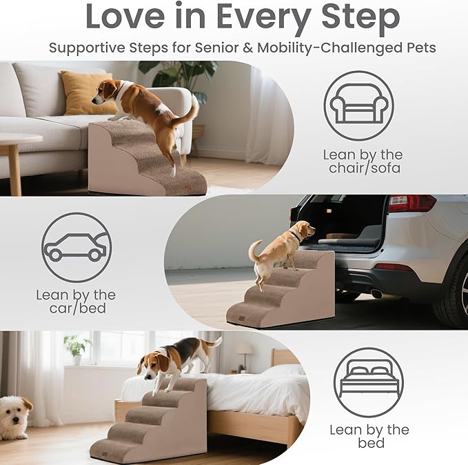 gogobunny Ramp Cat Dog Stairs for Beds, Cat Slope Stairs with Durable Waterproof Fabric Cover, Pet Steps for Old Large Dogs Climbing (Camel, 5-Step (33" D x 15.7" W x 22.6" H), 5.0)