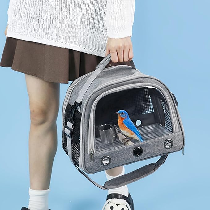 Bird Traval Carrier Cage, Bird Carrier with Seat Belt, Multifunctional Small Animal Backpack, Pet Transparent Breathable Carriers for Small Birds Parrots (Grey)