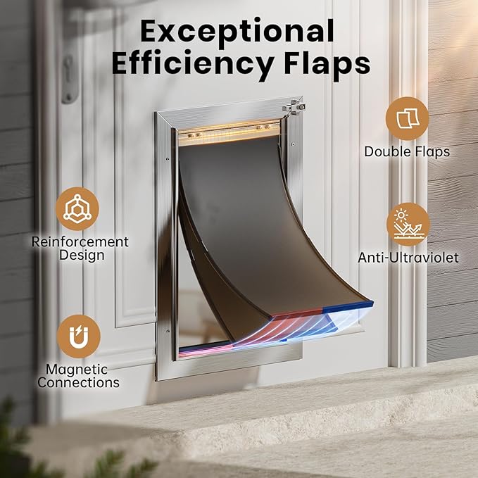 All Aluminum Dog Door with 2 Magnetic Flaps & 1 Replacement Flap, Heavy Duty Medium Doggy Door for Exterior Doors, Doggie Door wtih 2 Closing Panels, Dual Aluminum Locks, for Pets Up to 45 Lb