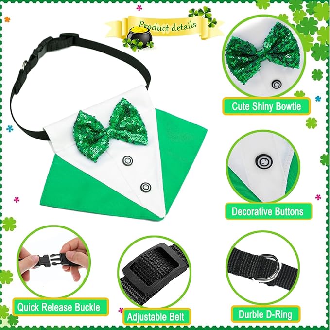 2 PCS St. Patrick's Day Costume Dog Bandana Collar and Pet Top Hat Buckle Green Dog Bow Tie Formal Tux Clothes with D-Ring Irish Tuxedo Saint Patrick Outfits for Dogs Puppy Cat Party Dress (Large)