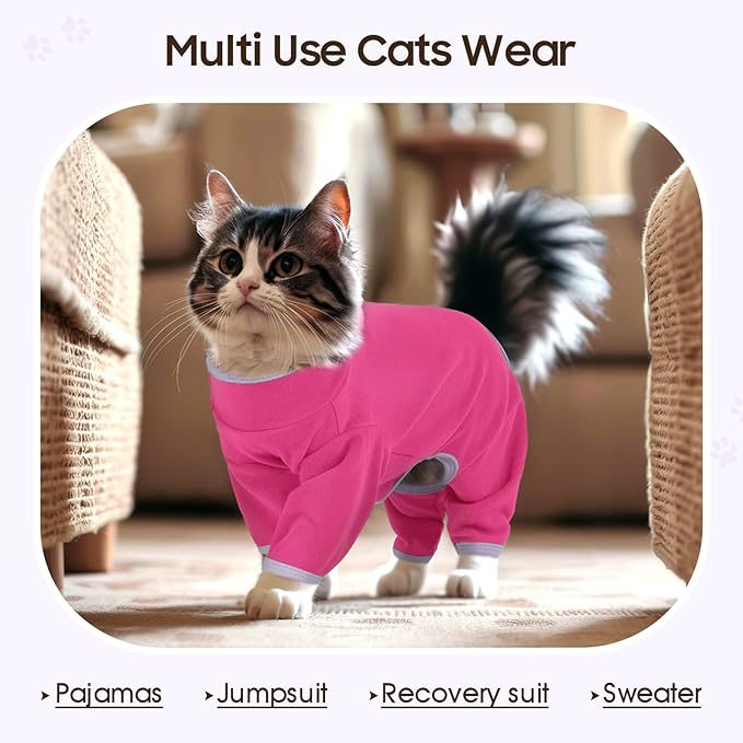 DENTRUN Cat Clothes for Hair Control with Hair Sticky Fabric - Soft Recovery Suit & Breathable Lint-Resistant Cat Sweater for Cats Only, Kitten Onesie Pajamas, L, Bright Pink