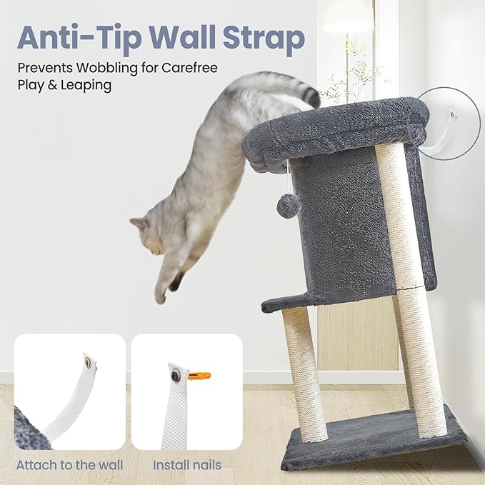 Cat Tree Tower Scratching Post for Indoor Large Cats, Small Cat Tree with Big Perch Bed, 28in Tall Trees House with Condo Cave, Toy Balls, Modern Climbing Furniture Platform for Kitten (Dark Gray)