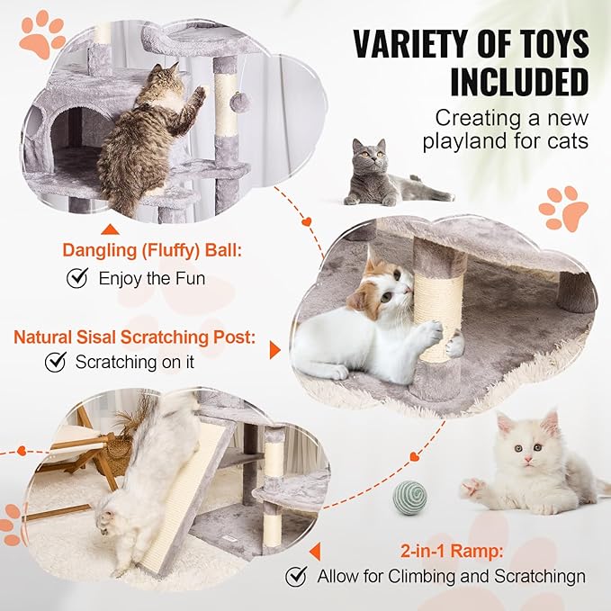 VEVOR Cat Tree for Indoor Cats, 68.5" Cat Tower with 2 Cat Condos, Sisal Scratching Post, Hammocks, Top Perches, Jumping Platforms and Ramp, Cat Furniture Activity Center with Hang Balls, Light Grey