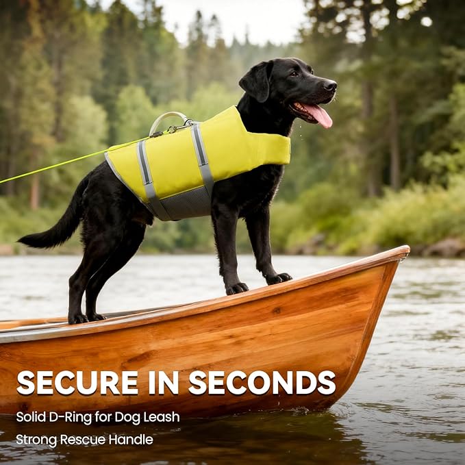 VIVAGLORY Rip Stop Dog Life Vest, Swimming Vest with Handle, Buoyancy for Doggy Puppy, Dog Life Jacket for Swimming & Boating, L, Yellow Grey