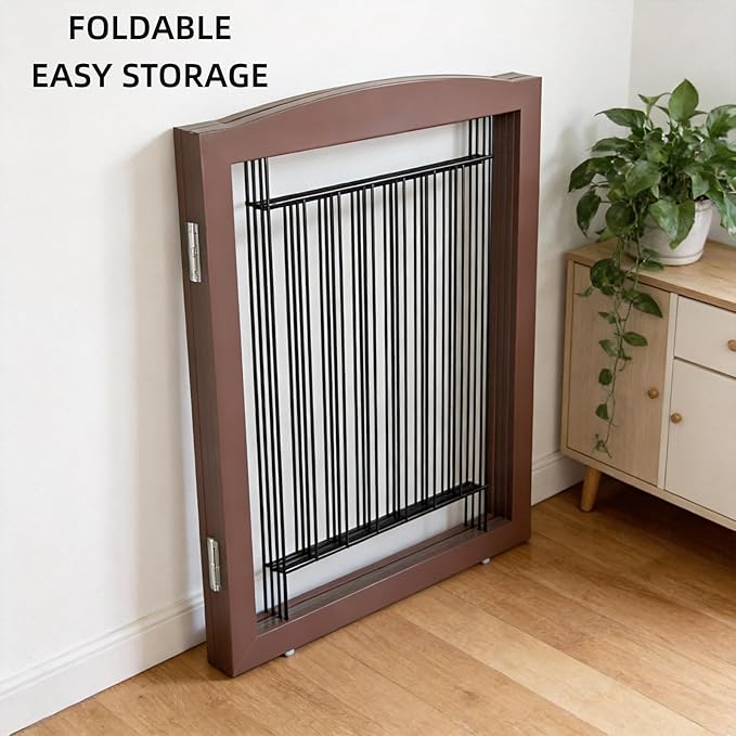 ZJSF Freestanding Dog Fence Indoor, Foldable Dog Gate for Doorways, Stairs or Hallways, Sturdy Wood Extra Wide Pet Gate with Support Feet for The House, Brown, 24 "Height-4 Panels