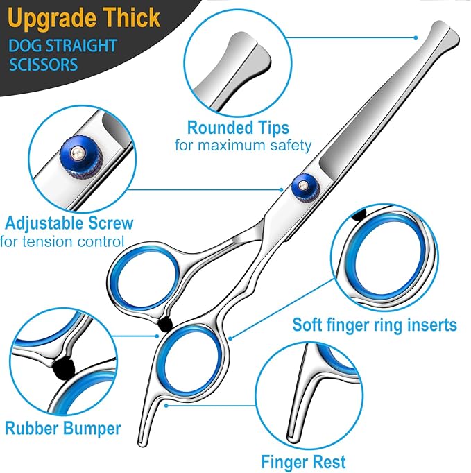 5 in 1 Upgraded Thicken Dog Grooming Scissors, Professional Dog Scissors for Grooming with Safety Round Tips, Lengnoyp Stainless Steel Thinning Shears, Pet Cat Shears for Grooming Kit