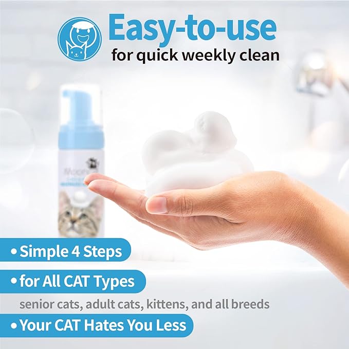 Mooncat Waterless Cat Shampoo and Brush Kit - No Rinse Foam Bath for Long Hair Cats - Grooming for Sensitive Skin, Detangling, Paraben-Free, pH Balanced - Licking Safe (5 oz)