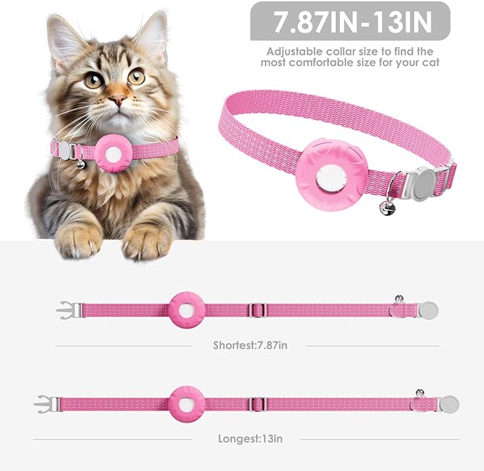 GPS Tracker for Cats, Cat Tracker, Compatible with Apple Find My App (Only iOS), No Monthly Fee, Waterproof, Breakaway Collar Included (White Tracker, Pink Cat Collar)