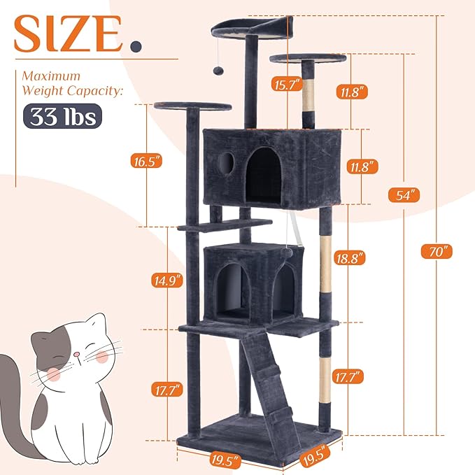 Sweetcrispy 70 Inch Cat Tree Tower, Multi-Level with Cat Scratching Post, Indoor Cat Condo with Climbing Ladder, Plush Toy, Play House for Cat, Dark Grey