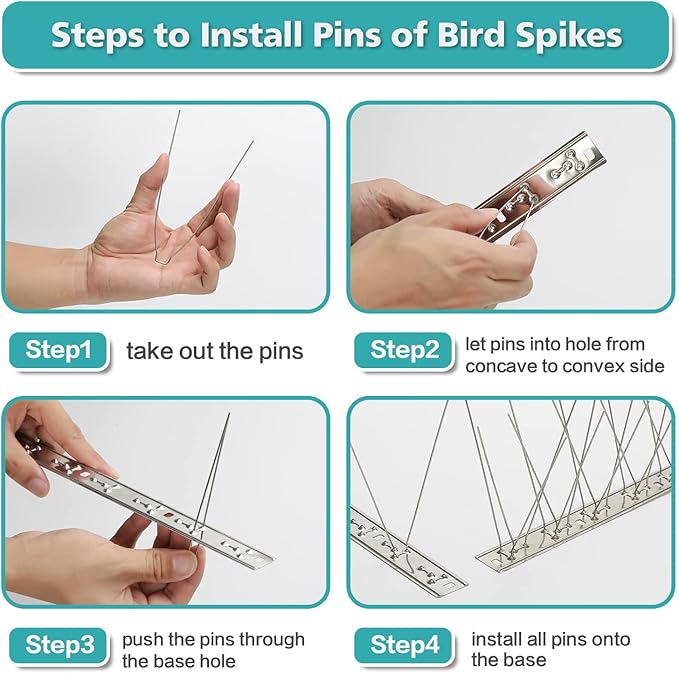 KKY Bird Spikes Stainless Steel Base, Metal Bird Repellent Nail Fence Kit, Can Be Used to Stop Pigeons and Other Small Birds, Covering 43.2 Feet 40 Packs.