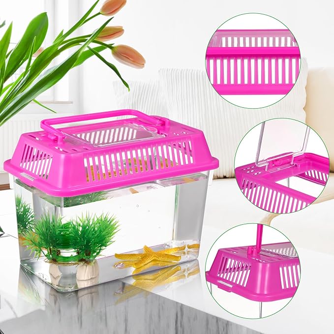 4Pcs Portable Fish Tank with Handle, 5.9-Inch Small Plastic Reptile Carrier for Travel, Transparent Critter Keeper for Betta Fish, Turtles & Hamsters, Mini Pet Habitat Breeding Box