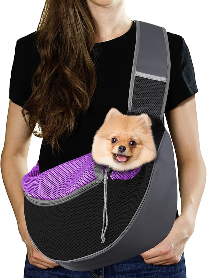 Pawaboo Dog Sling Carrier, Hand Free Breathable Mesh Bag for Puppy Cat, Drawstring Dog Papoose with Adjustable Strap and Pocket, Crossbody Satchel Dogs Purse for Outdoor Travel, L, Deep Purple