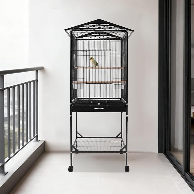 Large Heavy Duty Wrought Iron Bird Cage with Open Play Top Area & Rolling Stand, Spacious Flight Cage for Parrots, Parakeets, Cockatiels & Lovebirds (Black)
