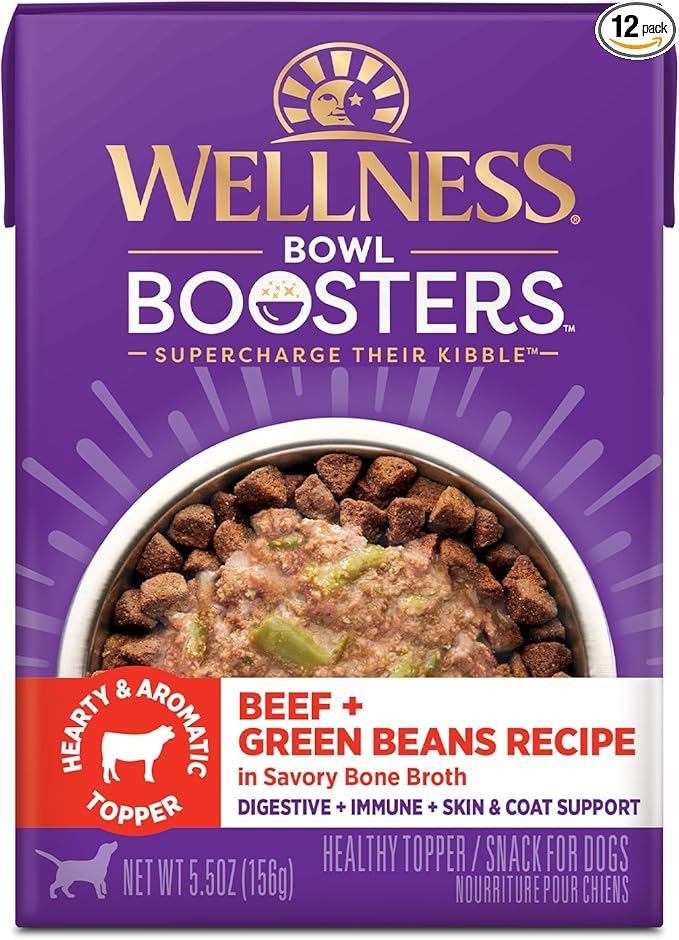 Wellness Bowl Boosters Hearty Topper Wet Dog Food for Small, Medium, and Large Breeds, Grain Free, Natural, Beef and Green Beans Recipe, 5.5 oz, Pack of 12